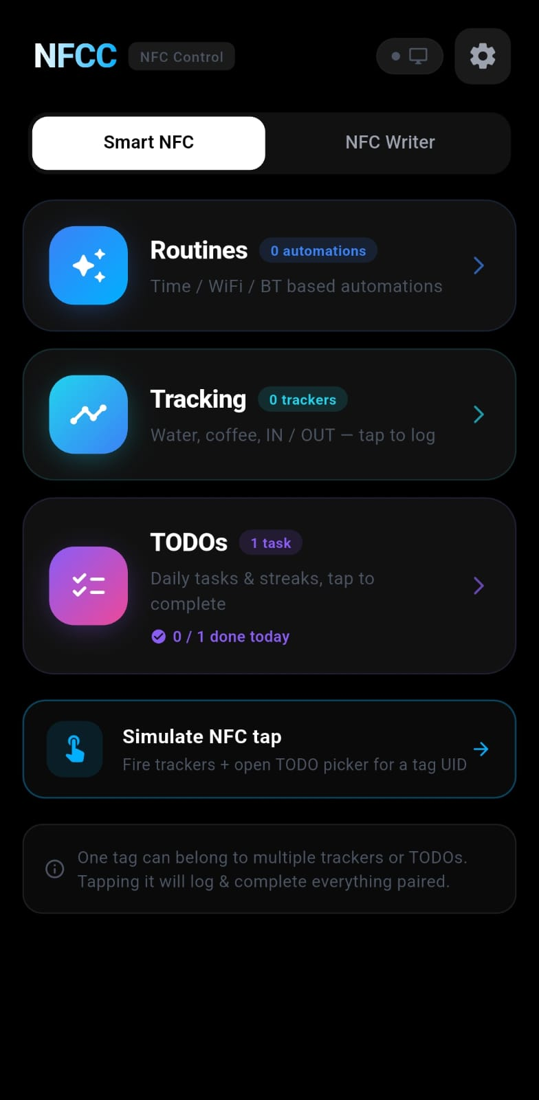 Smart NFC hub — Routines, Tracking, TODOs in one place