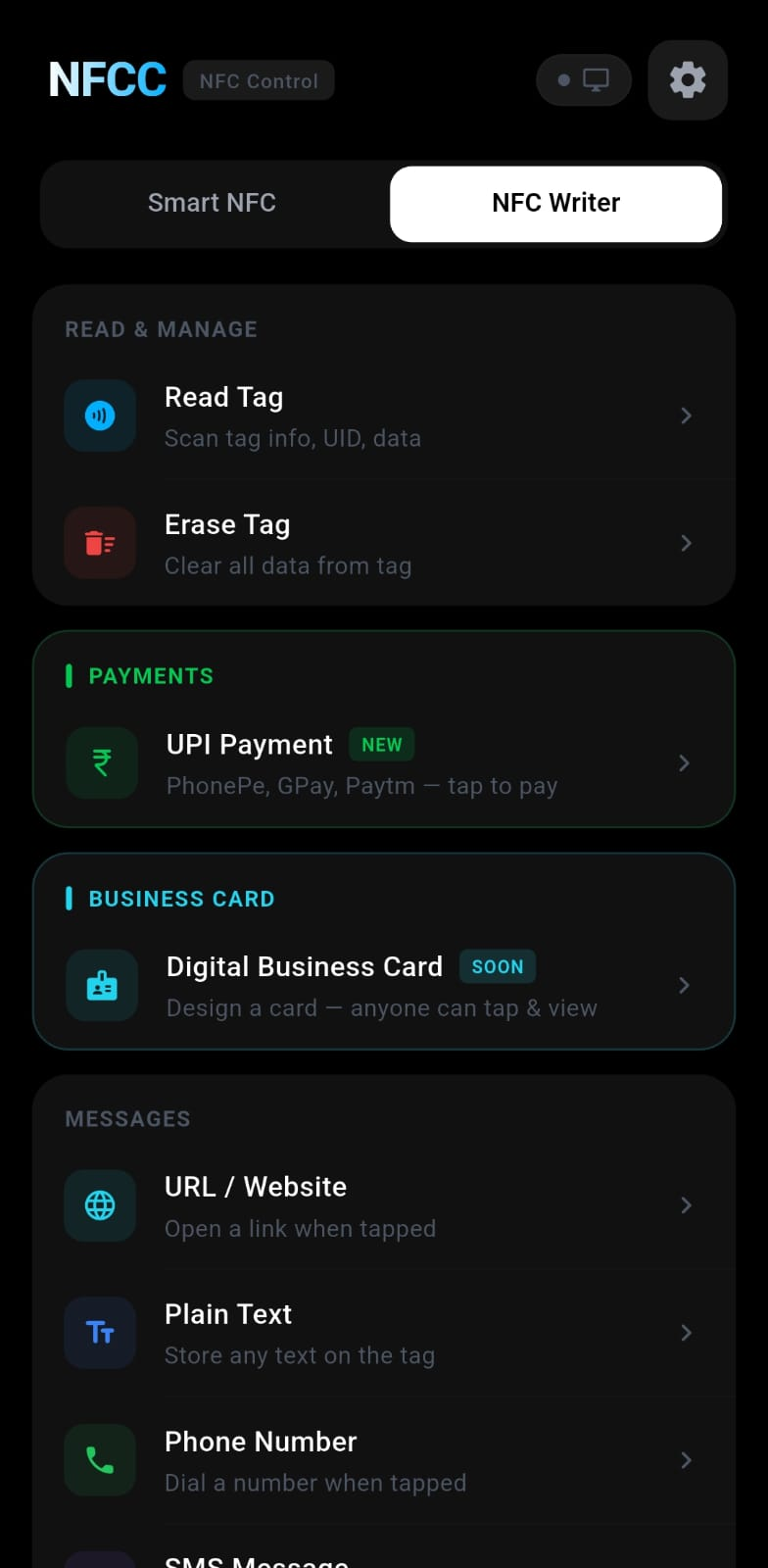 NFC Writer — URL, Wi-Fi, UPI, location, app launcher